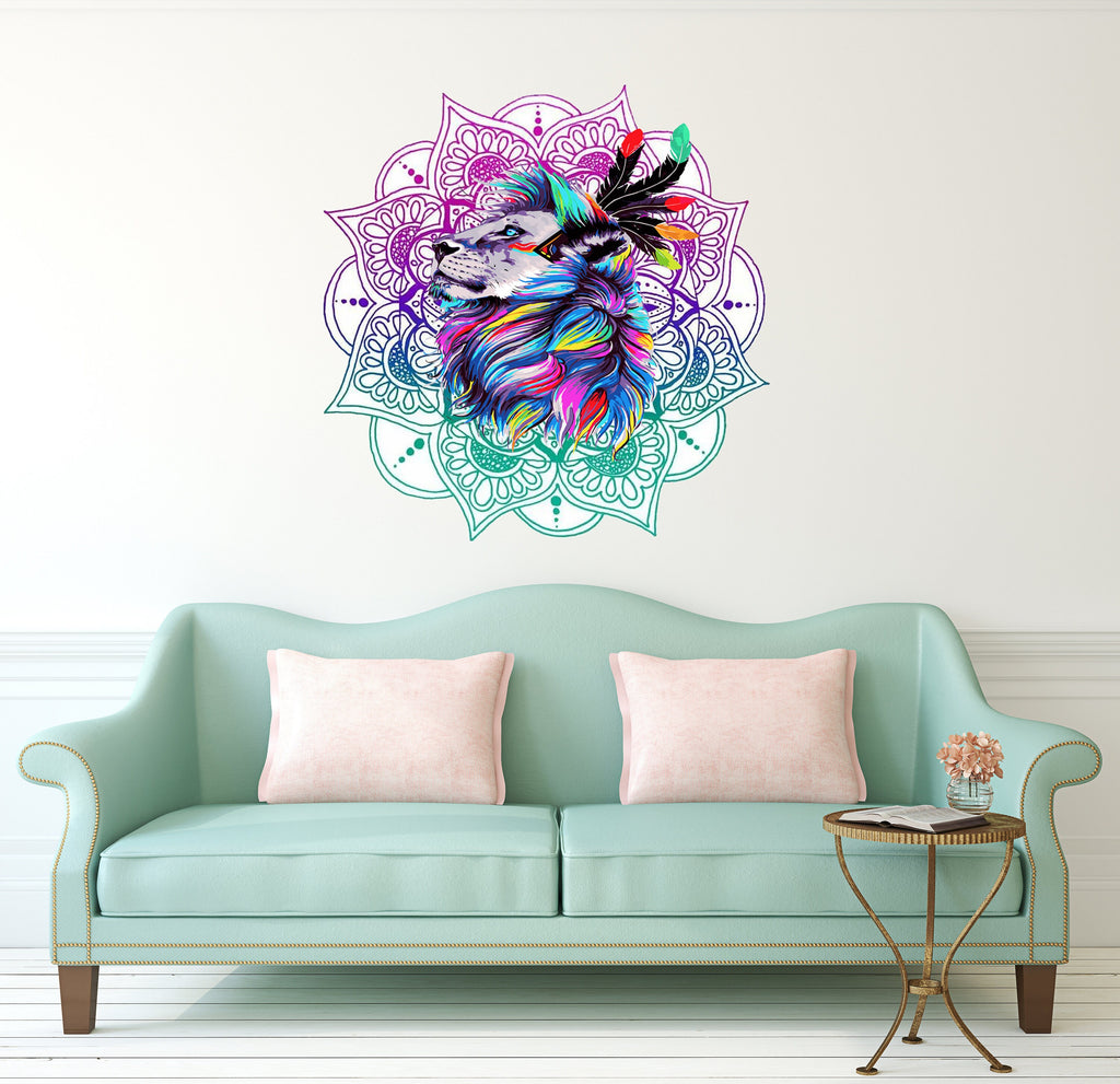 Mandala Lion Yoga Wall decal, Mandala Lion Wall sticker, modern wall art Bohemian Ethnic Wall Hanging, Sacred Geometry Ornament, GD02