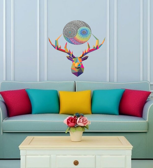 Mandala Yoga Deer Polygonal Wall decal, Mandala Yoga Deer Polygon sticker,modern wall art, Multi Color GD133