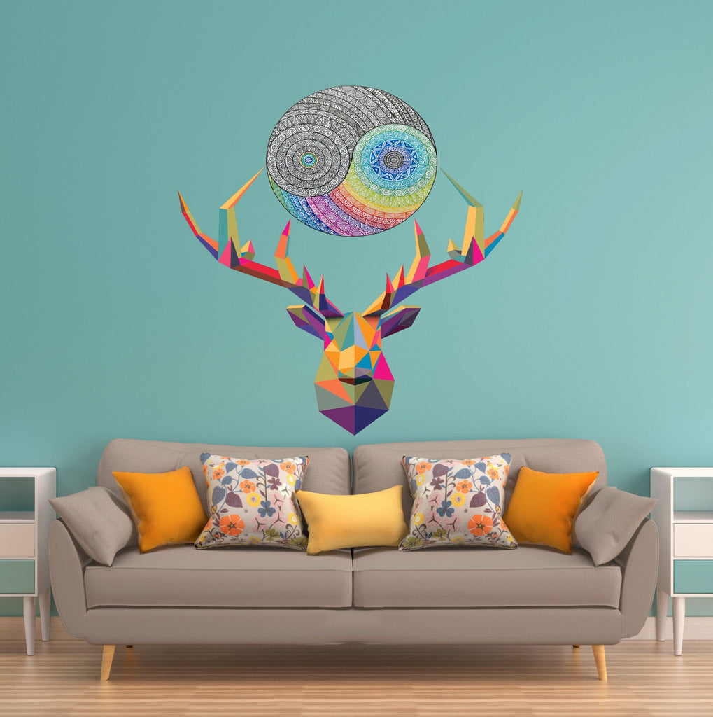 Mandala Yoga Deer Polygonal Wall decal, Mandala Yoga Deer Polygon sticker,modern wall art, Multi Color GD133