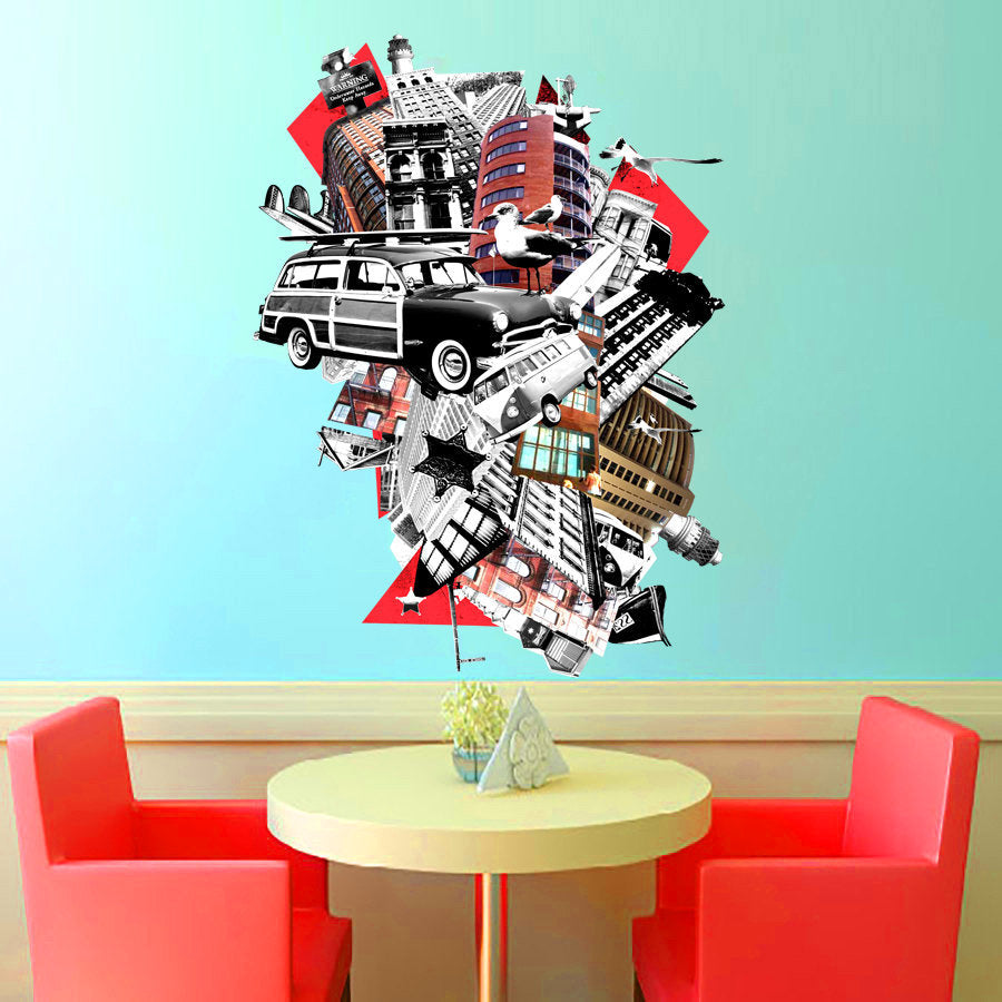Collage City Wall decal, Collage City Wall sticker,modern wall art, Multi Color kc-1043