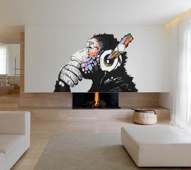 Banksy Monkey Stickers Monkey with Headphones Wall Decal/Colorful Chimp Listening to Music Earphones/Street Art Graffiti Sticker-AN-214