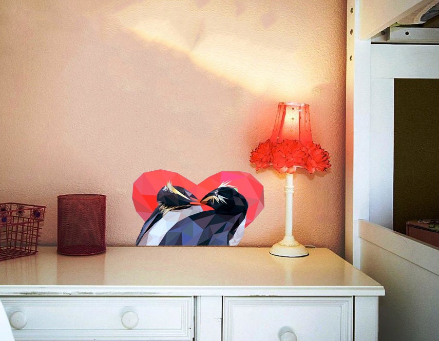 Penguin Love Heart Wall Decal for Home Nursery Playroom Bedroom Decoration, Penguin Polygon sticker, modern wall art, Multi Color GD28
