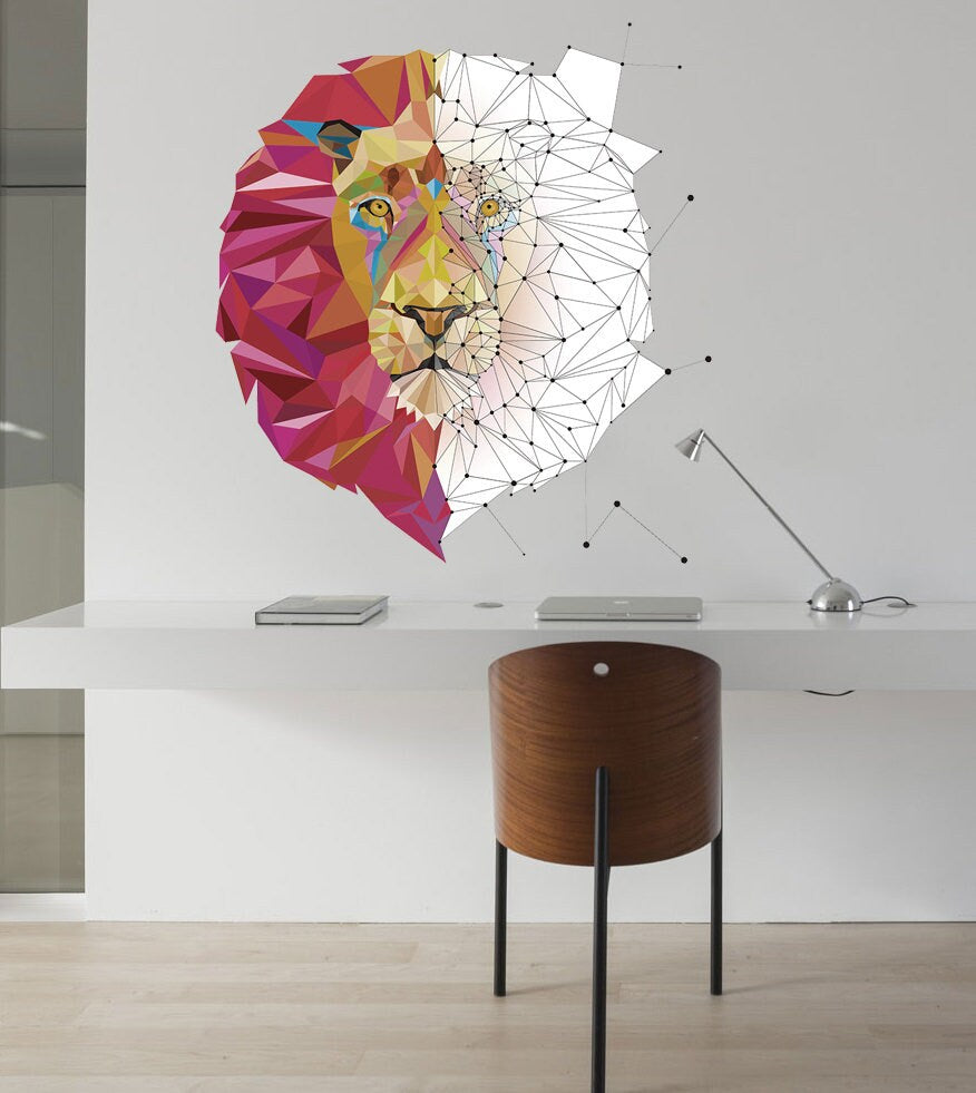 Lion Decal, Lion Sticker, Lion Head Wall Decal, Lion Polygonal Decal,Lion Animal Print Wall, Exotic Animal Decals Lion Mural, Zoo Decal GD31