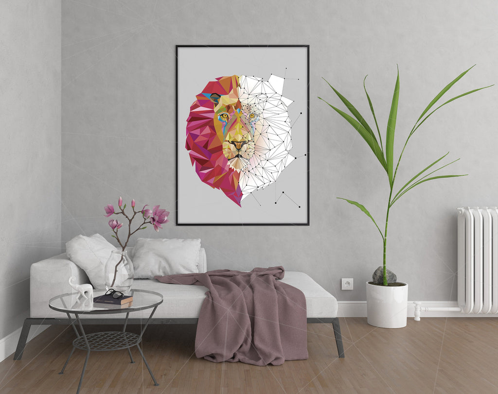 Lion Decal, Lion Sticker, Lion Head Wall Decal, Lion Polygonal Decal,Lion Animal Print Wall, Exotic Animal Decals Lion Mural, Zoo Decal GD31