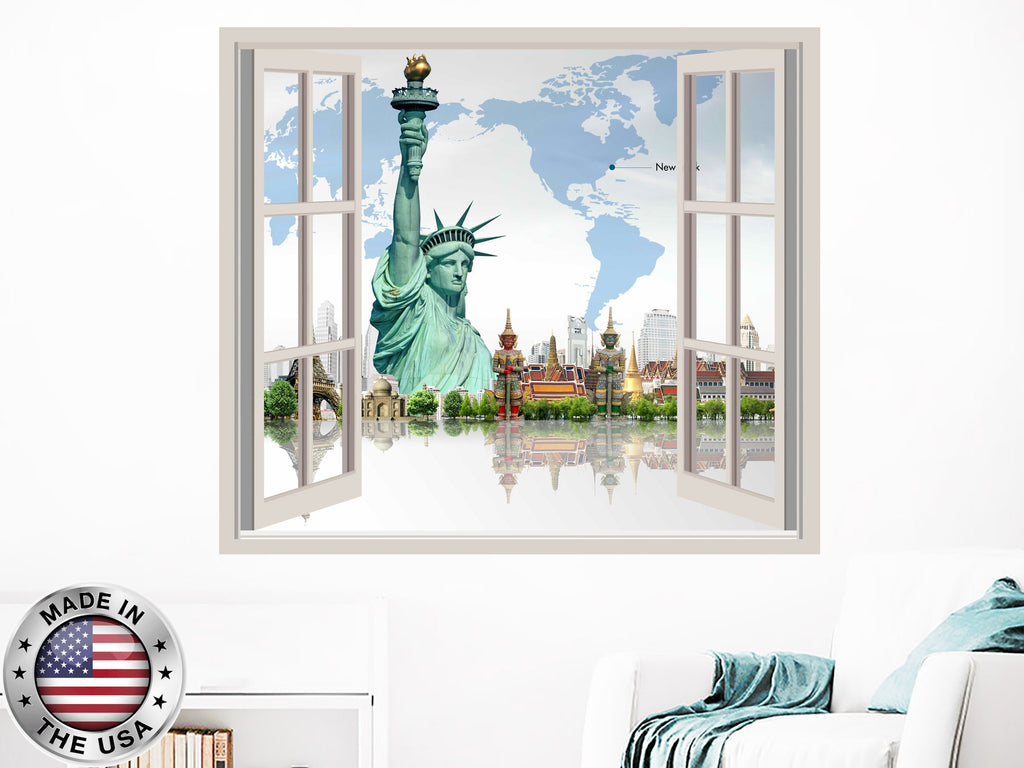 World Map Wall Decal. Travel Vinyl Sticker Murals. Statue of Liberty Window Decor. Travel Removable Decal. New York Above Bed Decals NT101