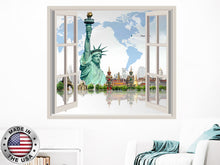 Load image into Gallery viewer, World Map Wall Decal. Travel Vinyl Sticker Murals. Statue of Liberty Window Decor. Travel Removable Decal. New York Above Bed Decals NT101