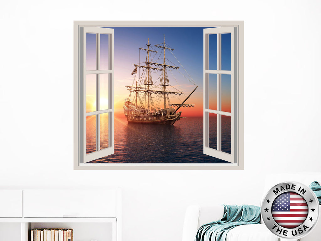 3D Ship Wall Decal. Nautical Sunset Vinyl Sticker Murals. Sea Ocean Window Decor. Boat Removable Decal. Ship Above Bed Bedroom Decor NT93
