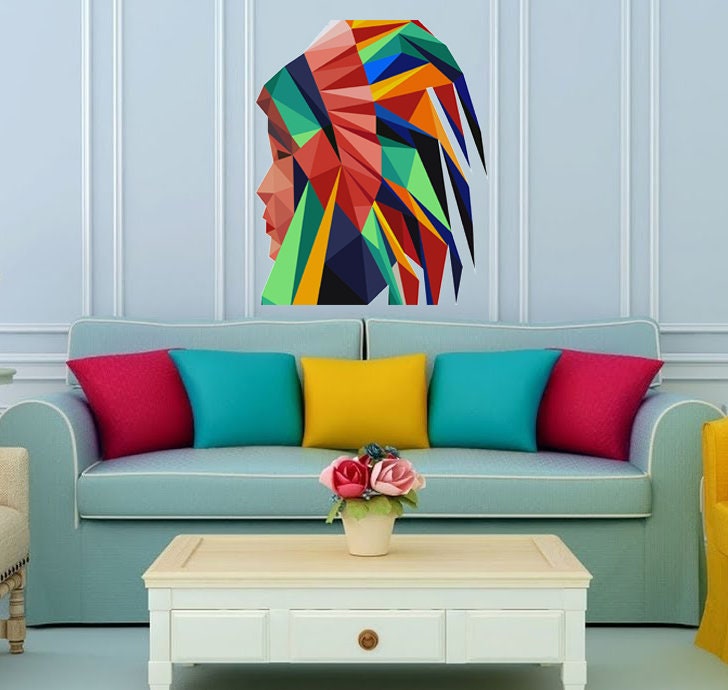 Native American Boy Polygonal Wall decal, Native Polygon sticker,modern wall art, Multi Color GD178