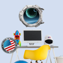 Load image into Gallery viewer, Space Wall Decal Kids Room. Planet Porthole Wall Mural Boy Room. Galaxy View Sticker. Stars Wall Decal. Space Decor. 3D Porthole Window LP48