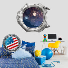 Load image into Gallery viewer, Moon Wall Decal Space Wall Decal Kids Room Mountains Porthole Wall Mural Boy room. Galaxy View Sticker. Space Decor. 3D Porthole Window LP51