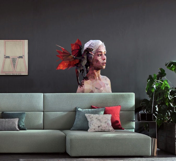 Girl woman Dragon Polygonal Wall decal, Girl Polygon sticker, modern wall art, Dragon Headboard Peel and Stick Wall Decals Multi Color GD77