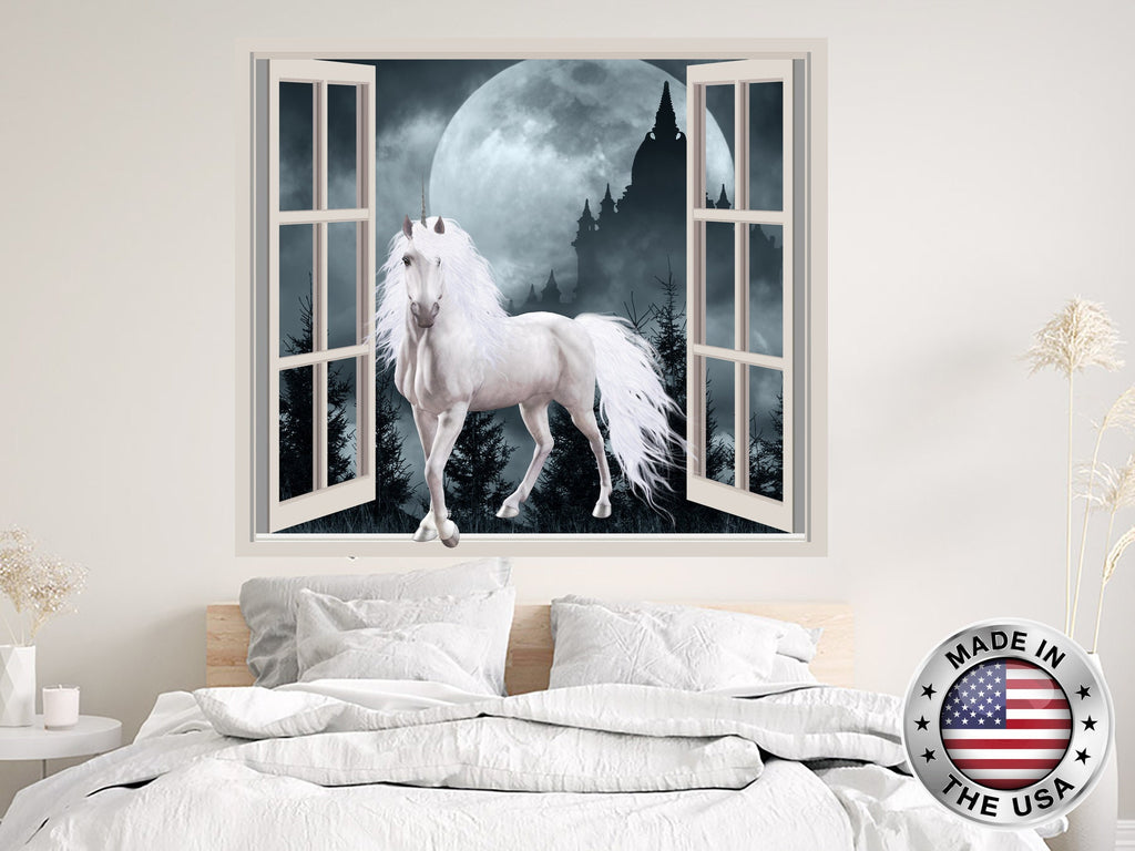 3D Unicorn Wall Decal. Magical Vinyl Sticker Murals. Mythical Unicorn and Moon Window Decor. Removable Decal. Unicorn Girls Room Decor NT91