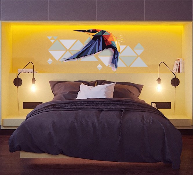 BHummingbird Sticker, Bird Decal, Polygonal Animal Home Decor, Bird Wall Art, Beautiful Vibrant Colored Hummingbird Art Multi Color GD110