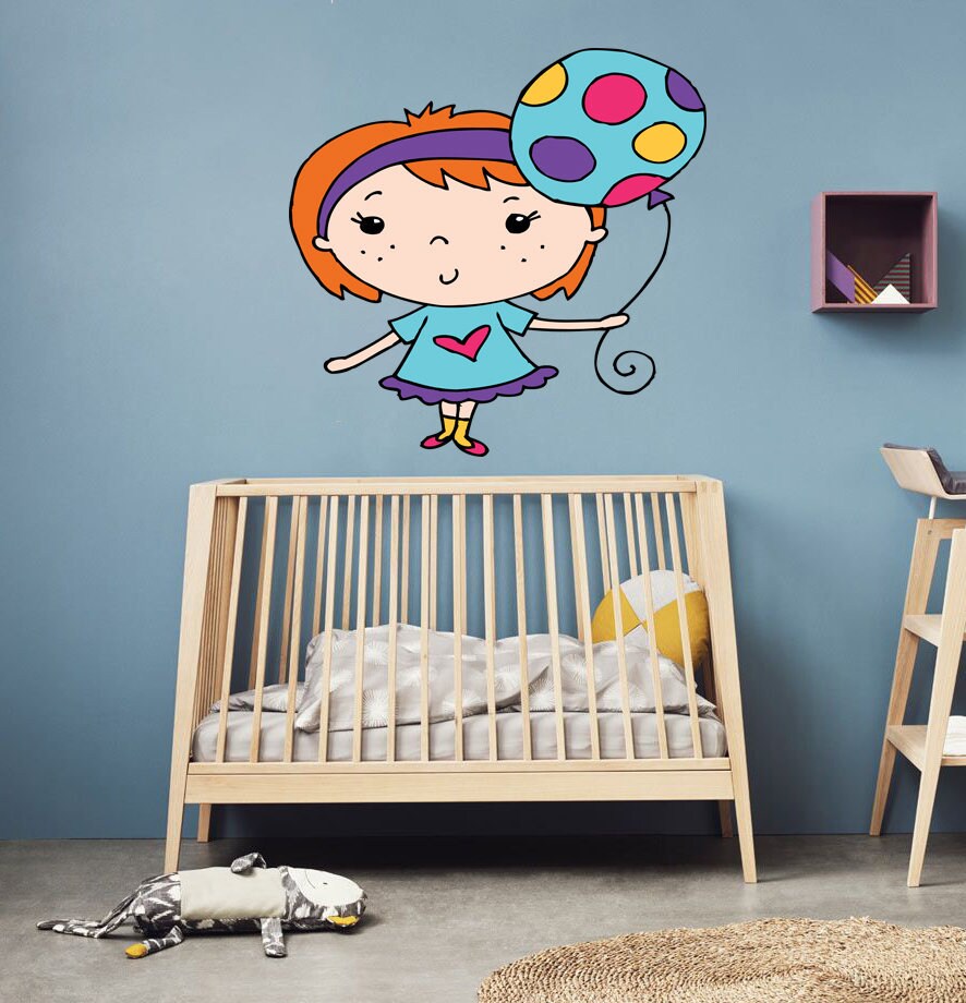 Cute Little Girl Catching Color Balloons Wall Stickers Cartoon Figure Decals for Kids Rooms Girl's Bedroom Home Decor Multi Color k-912