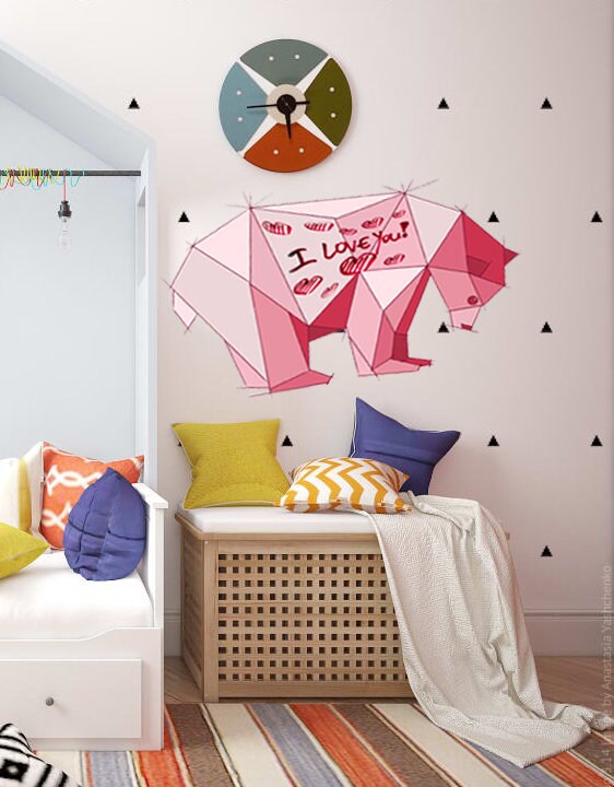 Bear pink Polygonal Wall decal, Bear Polygon sticker,modern wall art, Multi Color GD140