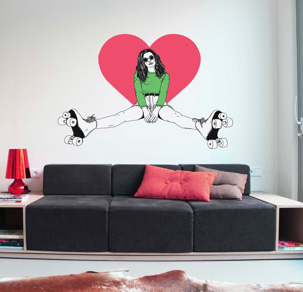 Roller Skating Heart Wall Decal Girl Roller Vinyl Sticker Sport Decal Fitness Gym Wall Art Design Housewares Teens Room Multi Color kc-963