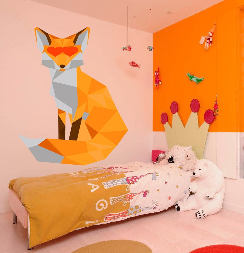 Fox face Polygonal Wall decal, Fox Polygon sticker, modern wall Art Decorations Décor for Nursery Baby Bedroom Playroom Multi Color GD218