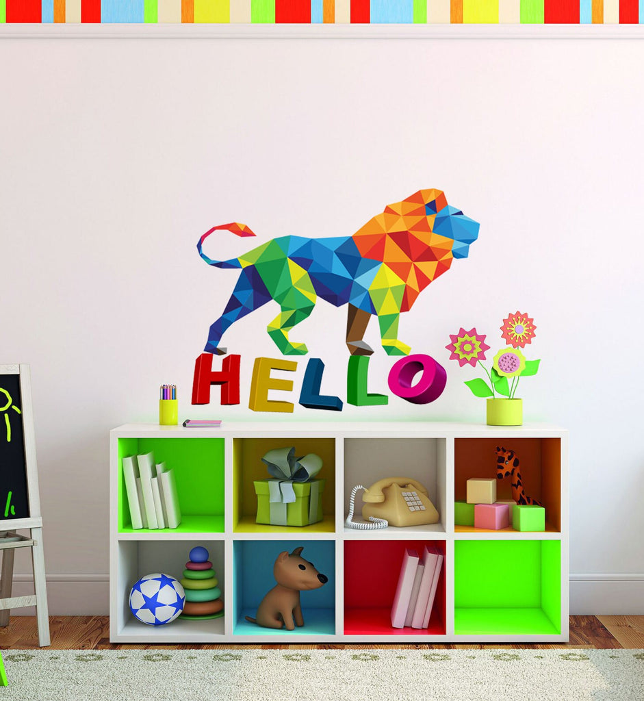 Lion lettering Hello Polygonal Wall decal, Lion Polygon sticker,modern wall art, Multi Color GD223