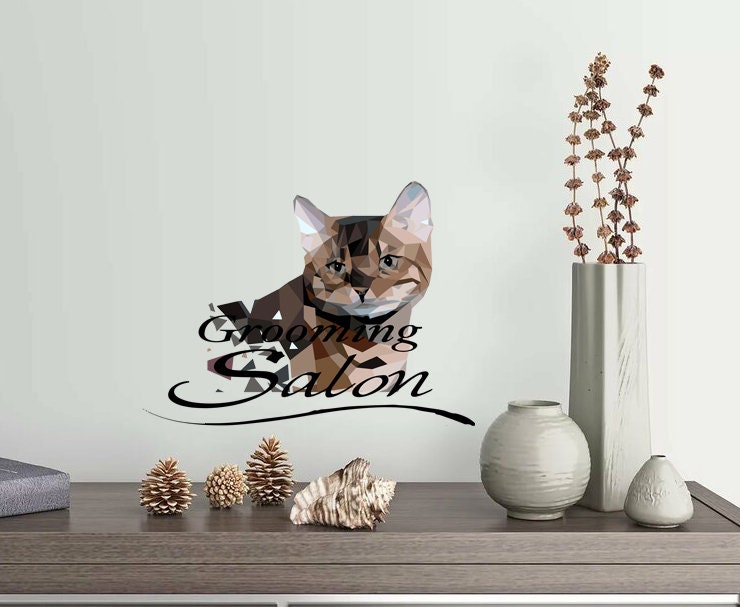 Grooming Salon Cat Polygonal Wall decal, Cat Animal Polygon sticker, modern wall art, Cat Wall Sticker Mural Art Decor Multi Color GD238