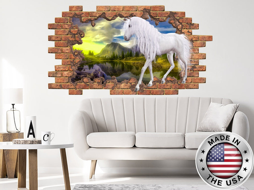 Unicorn Hole in the Decals. Fantasy Vinyl Sticker Murals. Unicorn Above Bed Removable Decals. Magic Unicorn Girls Bedroom Decor NT106