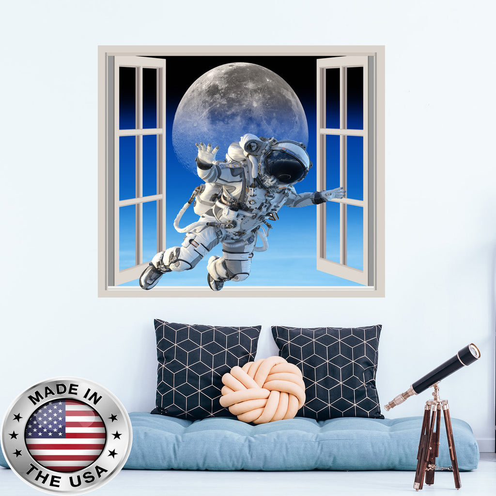 3D Space Window Wall Decal. Astronaut Vinyl Sticker Murals. Galaxy Wall Decal. Moon Removable Decals. Space Galaxy Boys Bedroom Decor NT96