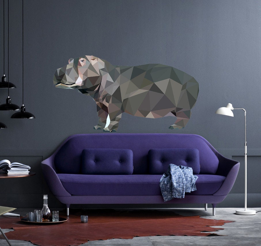 Hippo Animal Polygonal Wall decal, Hippo Polygon sticker, modern wall art, Multi Color GD174