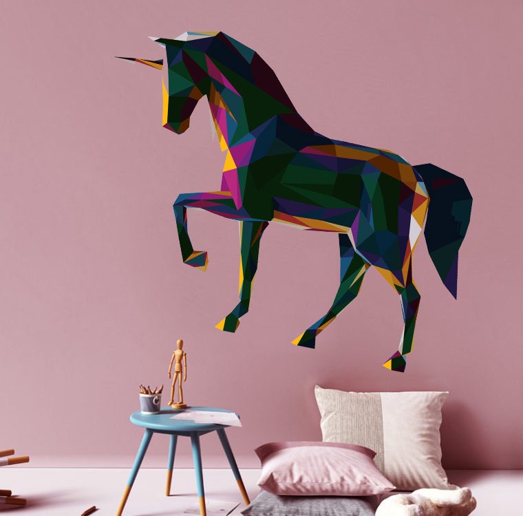 Fairy Unicorn Polygonal Wall decal, Unicorn Polygon sticker, unicorn wall stickers, unicorn room decor for girls bedroom, Multi Color GD183