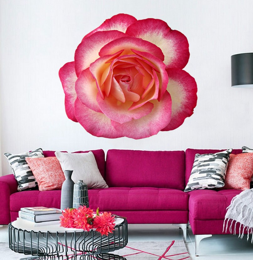 Pink Rose Sticker-Custom Name Wall Decal - Bathroom Flower Decor (Boho Wall Decals Peel and Stick) Multi Color AN-204