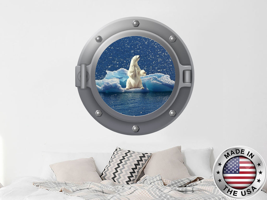 Polar Bear Wall Decal. Animal Vinyl Sticker. Porthole Nautical Wall Mural. White Bear Window Removable Decal. Bear Nautical Room Decor NT104