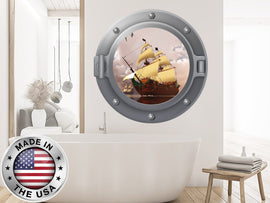 3D Sea Ship Wall Decal. Nautical Vinyl Sticker. Porthole Wall Mural. Sea Life Window Removable Decal. Brigantine Ship Bedroom Decor NT111