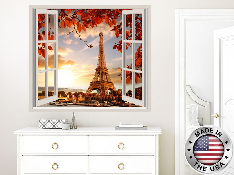 3D Paris Wall Decal. Eiffel Tower Vinyl Sticker Murals. France Window Decor. Travel Removable Decal. Girl Room. Paris Above Bed Decals NT105