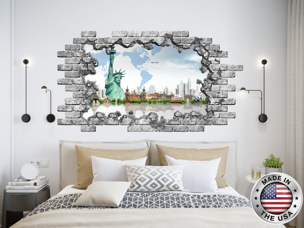 3D World Map Hole in the Decals. Travel Vinyl Stickers. Statue of Liberty Removable Murals. Peel and Stick. Map Above  Bed Room Decor NT100