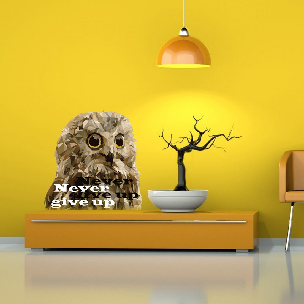 Owl Quote Never give up Polygonal Wall decal, Owl Polygon sticker,modern wall art, Multi Color GD200