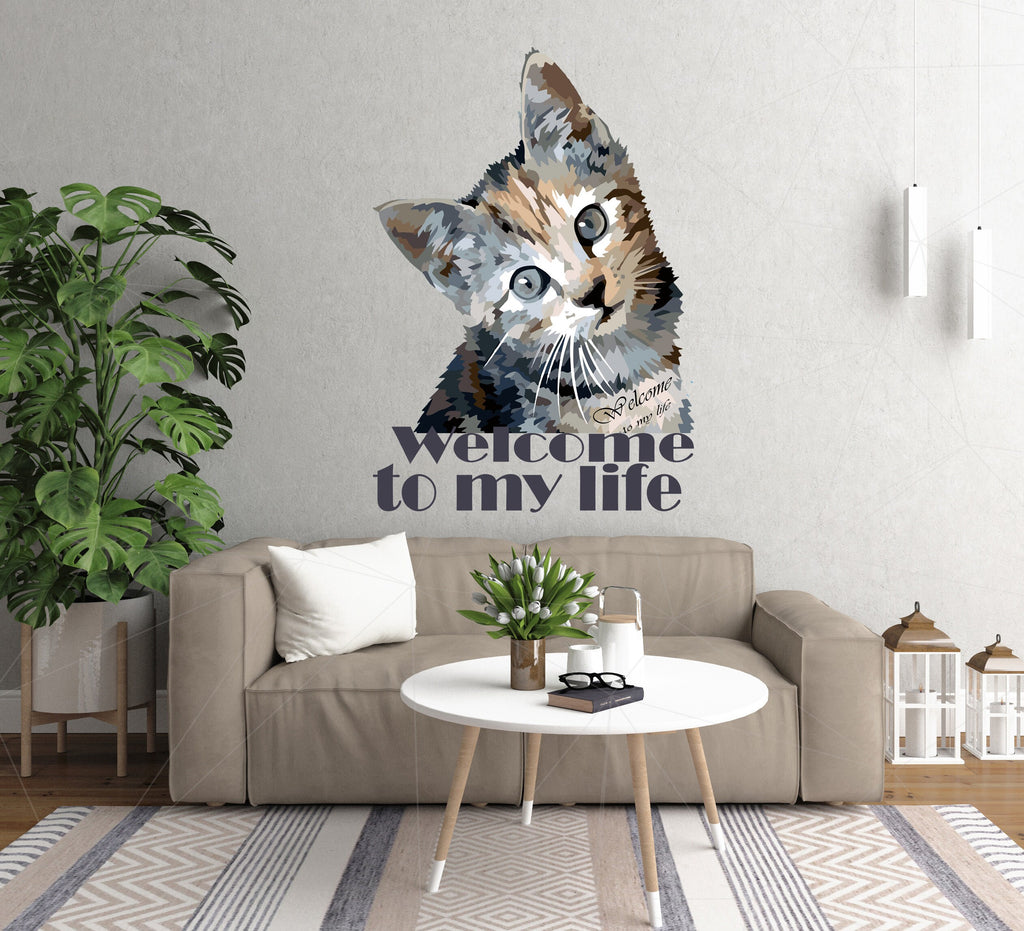 Cat Quote welcome to my life Polygonal Wall decal, Cat Polygon sticker,modern wall art, Multi Color GD201