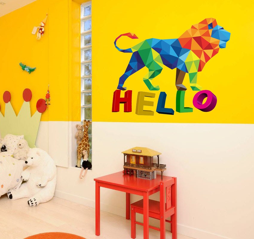Lion lettering Hello Polygonal Wall decal, Lion Polygon sticker,modern wall art, Multi Color GD223