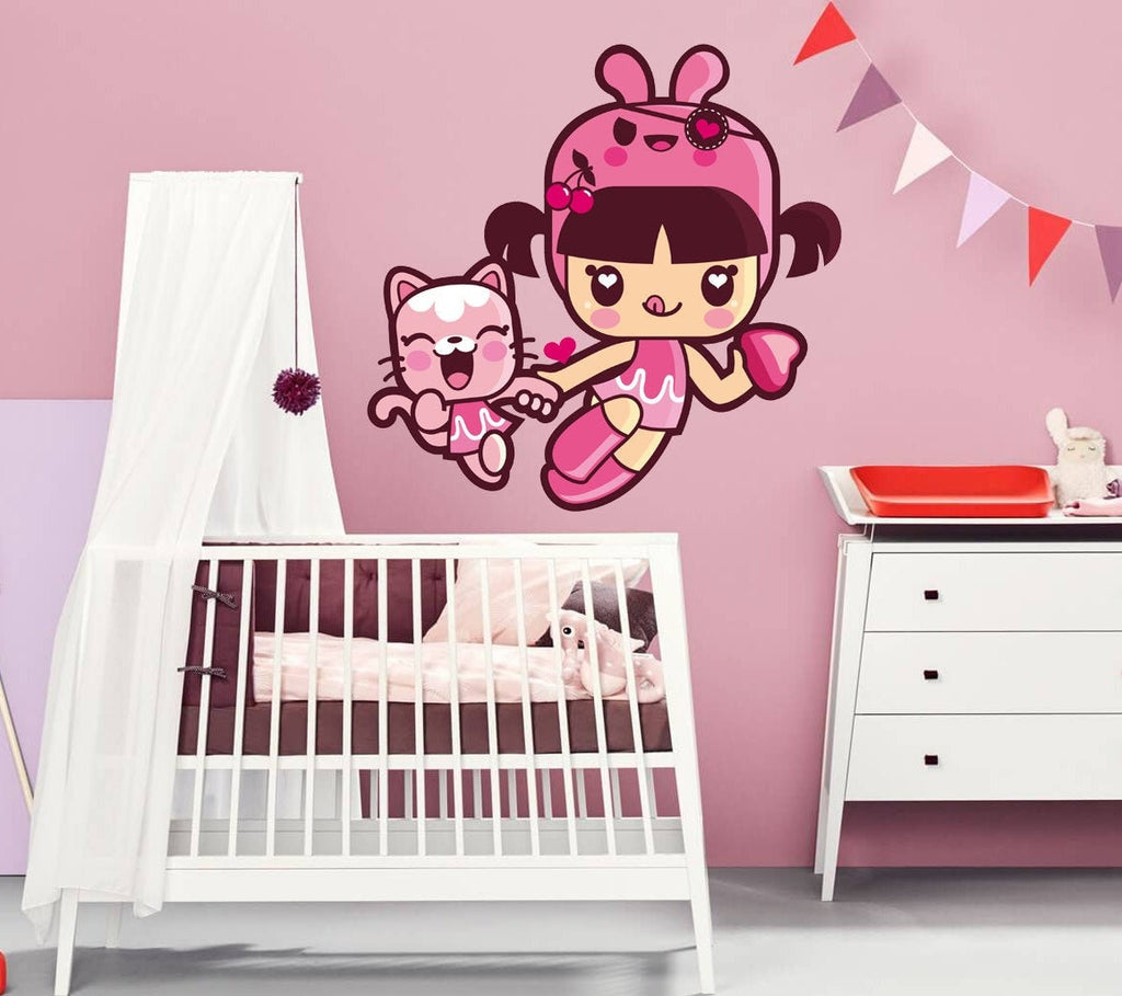Little girl kitten Wall decal, Colorful Cute Lovely Little Princess, Kitten Wall Sticker for Kid Removable Wall Decal Multi Color k-839