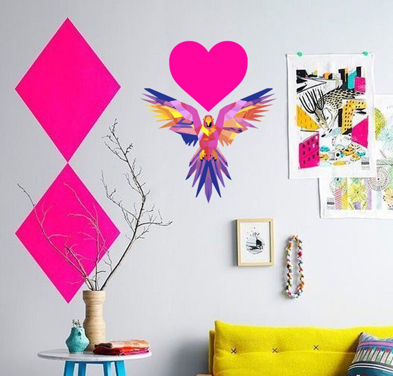 Parrot Heart Polygonal Wall decal, Parrot Heart Polygon sticker,modern wall art, Love Heart Vinyl Decal Sticker Multi Color GD299