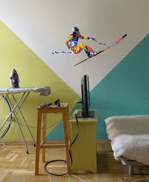 Skier Polygonal Wall decal, Skier Polygon sticker,modern wall art, Multi Color GD325