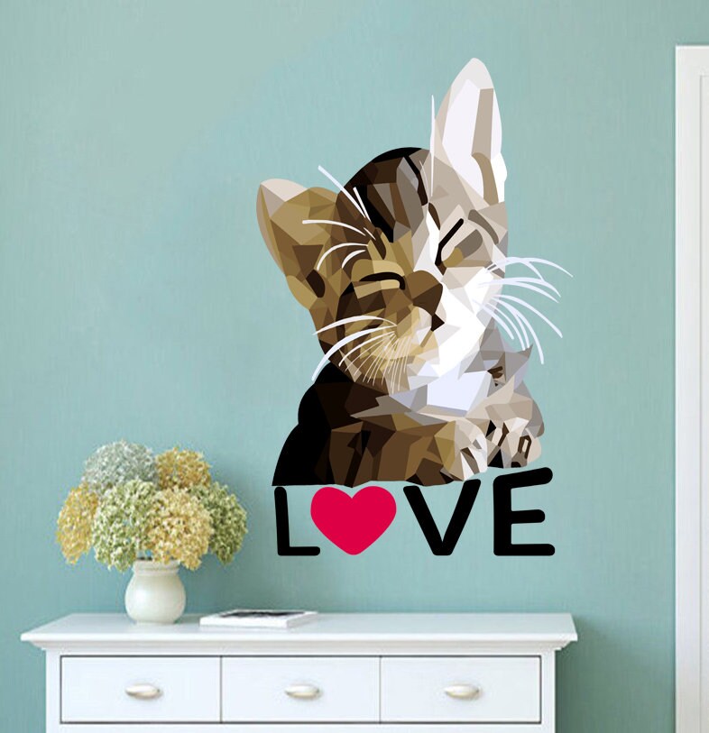 Cute Kitten decor Love decal Polygonal animal Kitten Love animal sticker Cute nursery wall art Сats Wall Stickers for Kids Nursery, GD275