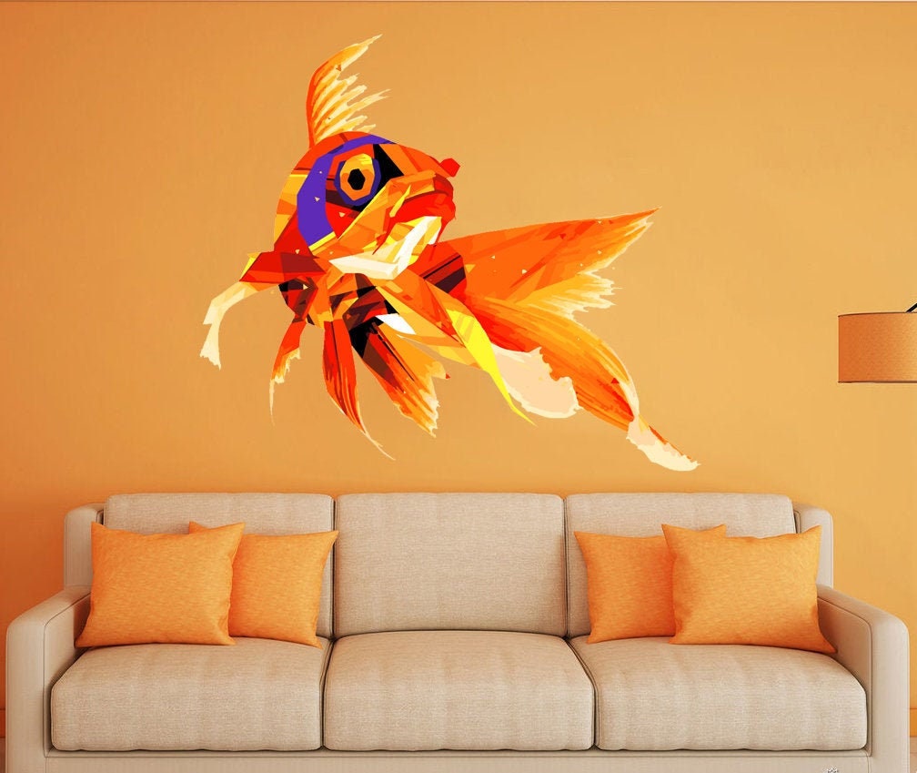 Gold Fish Wall Decal, Polygonal Fish Wall Decal, Nautical Vinyl Sticker Murals, Gold fish Polygon sticker, Multi Color GD310