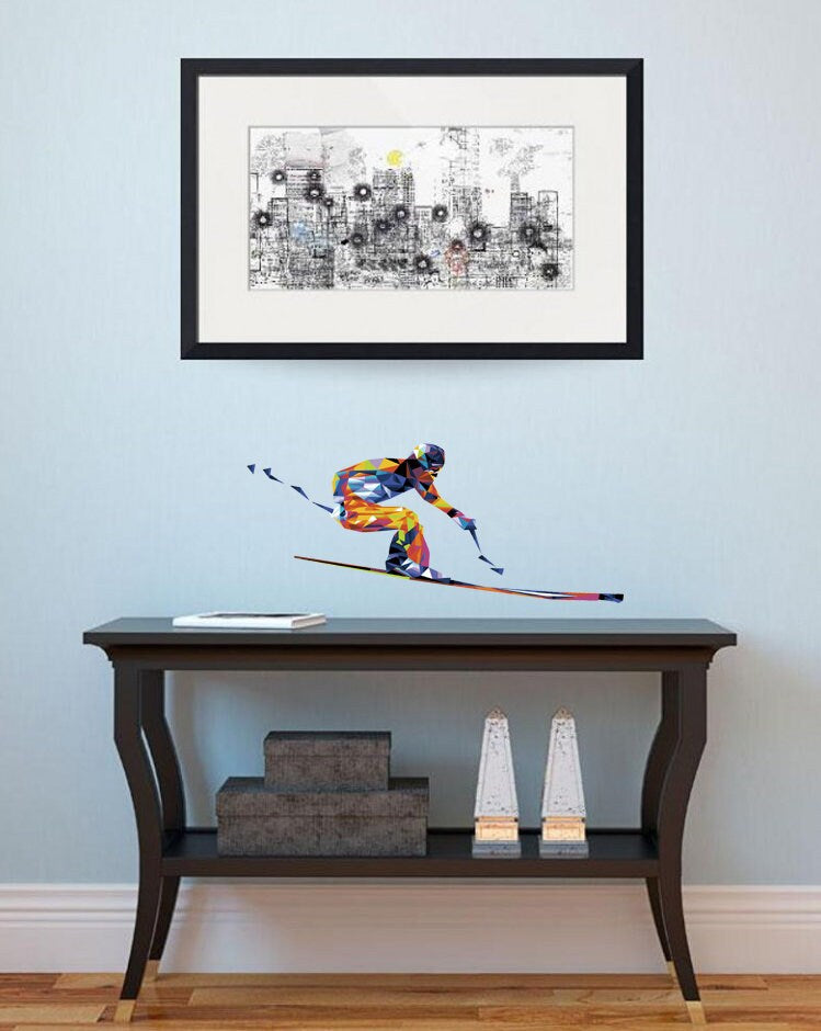 Skier Polygonal Wall decal, Skier Polygon sticker,modern wall art, Multi Color GD325