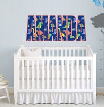 Load image into Gallery viewer, Custom Dinosaur Wall Name Vinyl Decal, Nursery Kids Boys &amp; Girls Room Decor, Children's Dino Bedroom Decor GD408