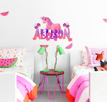 Load image into Gallery viewer, Nursery decal name Pink unicorn sticker Pony decal Custom name wall decal Personalized name decal for wall Custom nursery name print