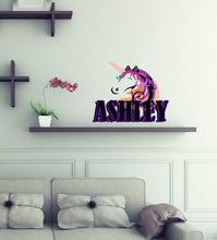 Load image into Gallery viewer, Unicorn Custom name wall decal, personalized sticker, toddler room decor for girls, wall stickers for kids, unicorn wall stickers GD421