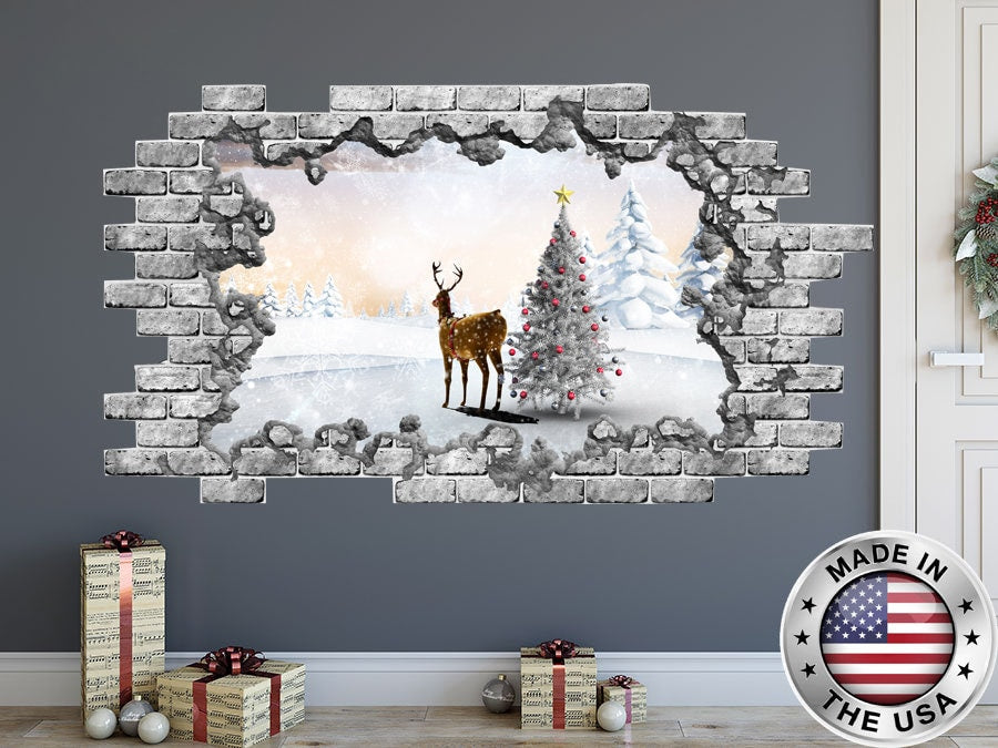 Christmas Hole in the Decals. Christmas Deer and Tree Decals. Xmas Vinyl Sticker Murals. Christmas Gift Decoration. Window Holiday NT206