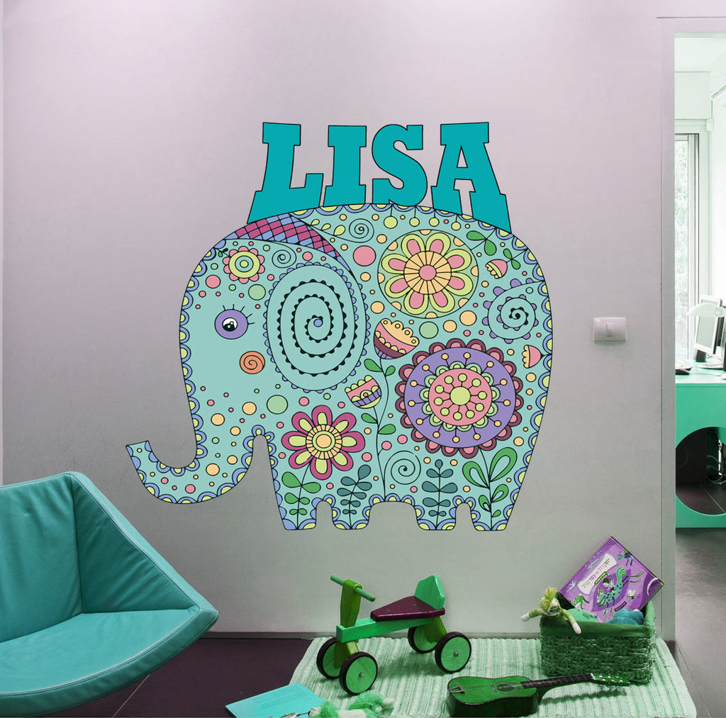 Mandala Elephant Custom name wall decal, personalized sticker, personalized decal, nursery decal baby boy stickers, baby girl decal GD448