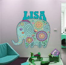 Load image into Gallery viewer, Mandala Elephant Custom name wall decal, personalized sticker, personalized decal, nursery decal baby boy stickers, baby girl decal GD448