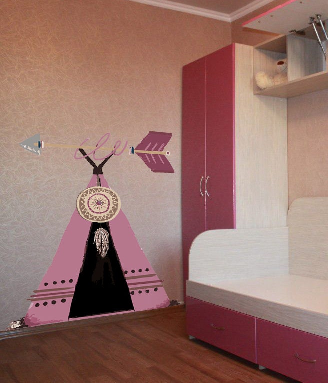 Wall decal art stickers Boho Wigwam, Childrens wall sticker Bohemian style decor, Boho Arrow vinyl sticker, baby stickers, baby girl decal