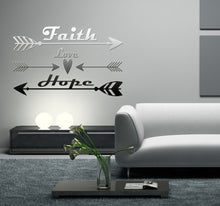 Load image into Gallery viewer, Faith, Love, Hope Wall Decal Quote, Vinyl Lettering with Arrow, Adventure Quote heart Wall Decal Sticker Tribal Theme Room Decor-GD496