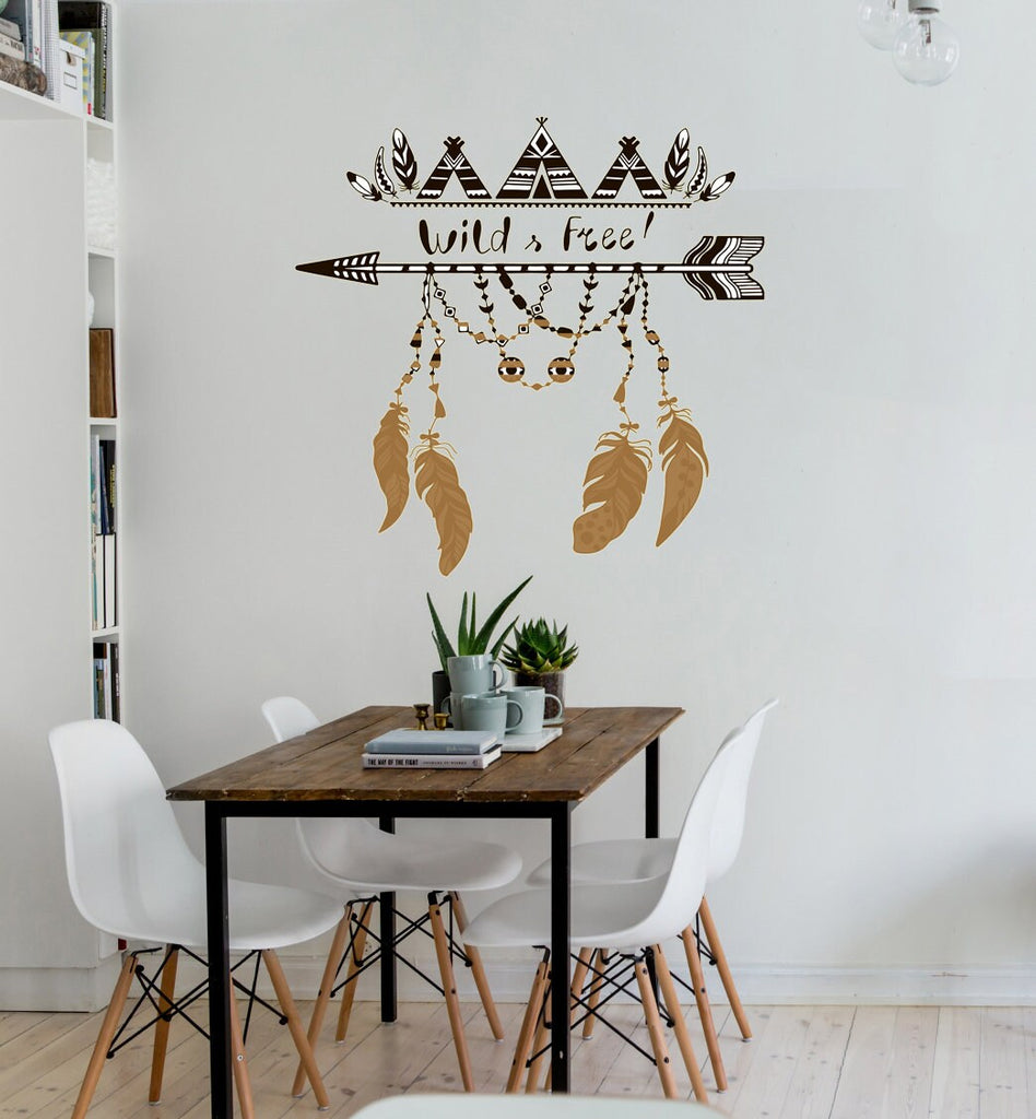 Wall decal art stickers Boho Arrow Feather, wall sticker Bohemian style decor, Boho Quote Wild & Free vinyl sticker, baby stickers-GD498